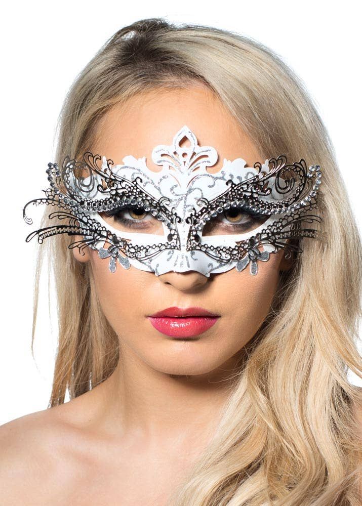 Metal Overlay White Glitter Masquerade Mask V1191-E-CX-07184