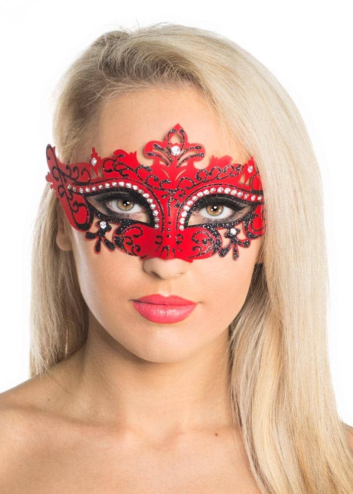 Cut Out Red Masquerade Mask with Rhinestones V1191-E-CX-07191
