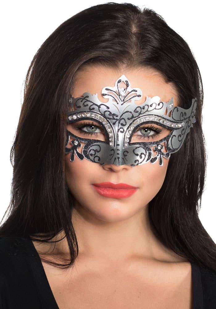Cut Out Silver Masquerade Mask with Rhinestones V1191-E-CX-07194