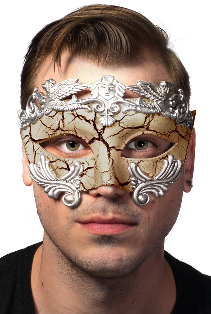Antique Tan and Silver Crackle Paint Masquerade Mask V1191-E-CX-07247