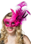 Side Feather Hot Pink Lace and Glitter Masquerade Mask V1191-E-CX-07249