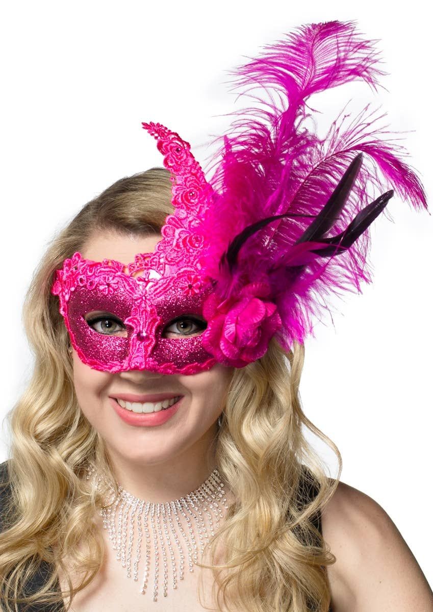 Side Feather Hot Pink Lace and Glitter Masquerade Mask V1191-E-CX-07249