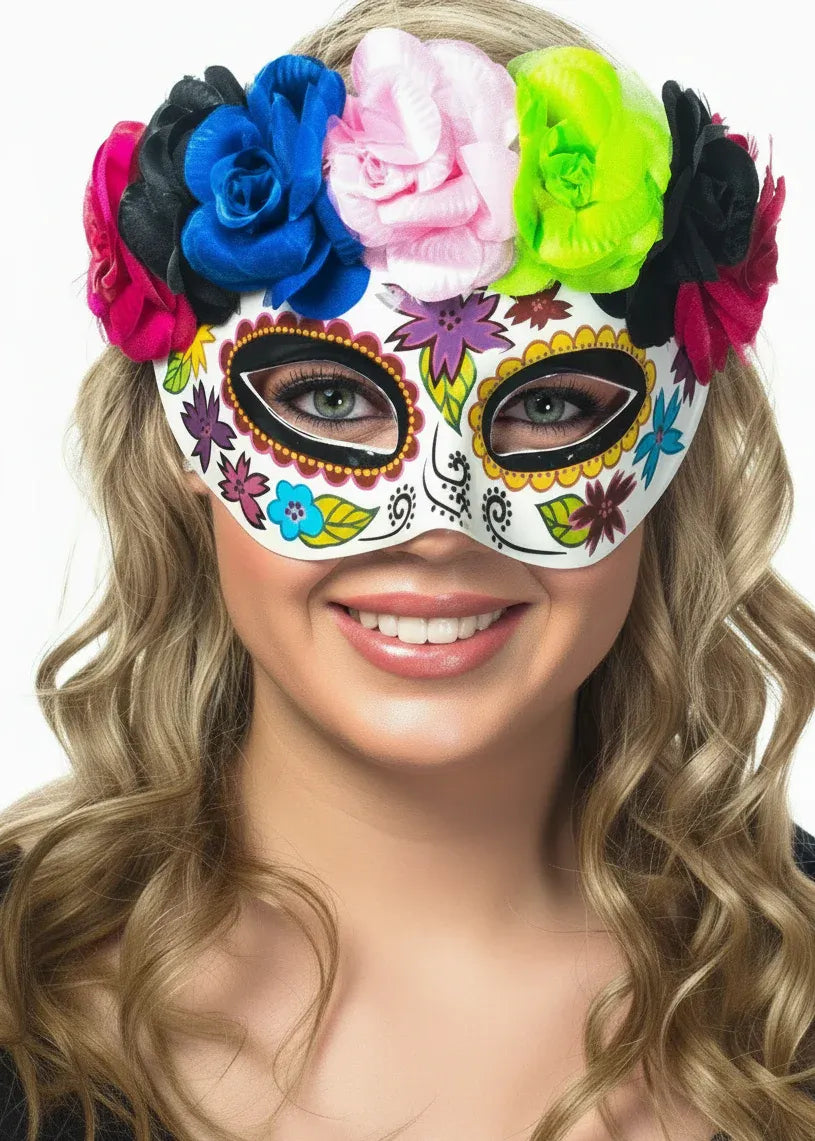 Day of the Dead Rainbow Flower Sugar Skull Masquerade Mask V1191-E-CX-07251