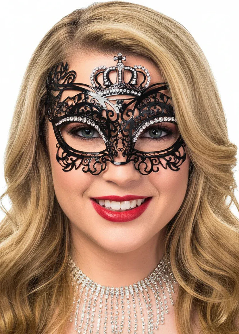 Crown Princess Black Metal Masquerade Mask with Diamantes V1191-E-CX-07260