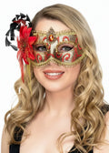 Side Flower Red and Gold Brocade Deluxe Masquerade Mask V1191-E-HT-07234