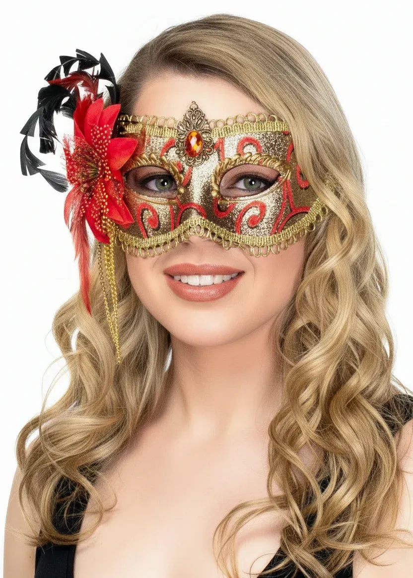 Side Flower Red and Gold Brocade Deluxe Masquerade Mask V1191-E-HT-07234