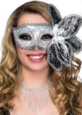Brocade Side Flower Deluxe Silver Masquerade Mask V1191-E-HT-07236