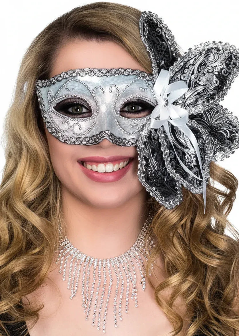 Brocade Side Flower Deluxe Silver Masquerade Mask V1191-E-HT-07236