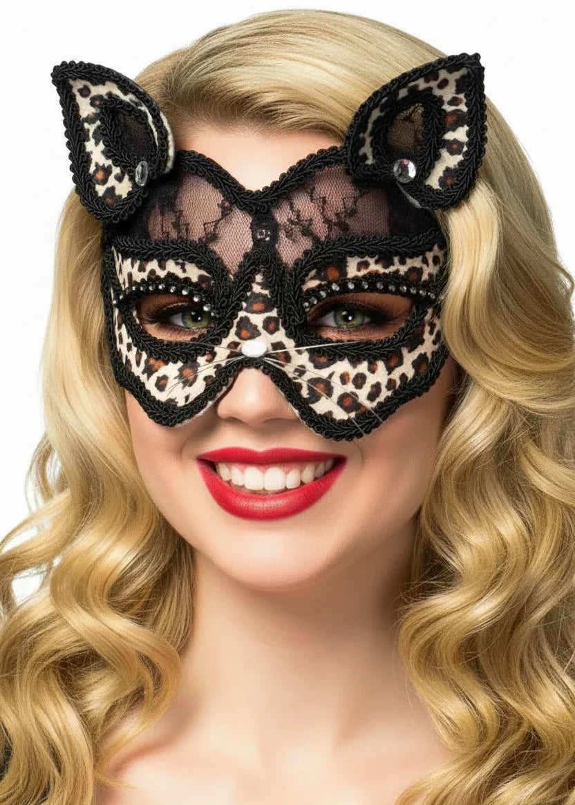 Black Lace and Leopard Print Velvet Luxury Cat Face Masquerade Mask V1191-E-HT-07237