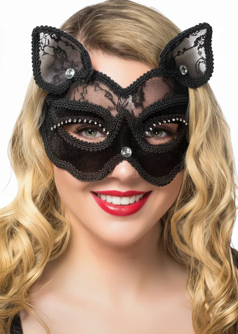 Black Cat Luxury Velvet and Sheer Lace Masquerade Mask V1191-E-HT-07238