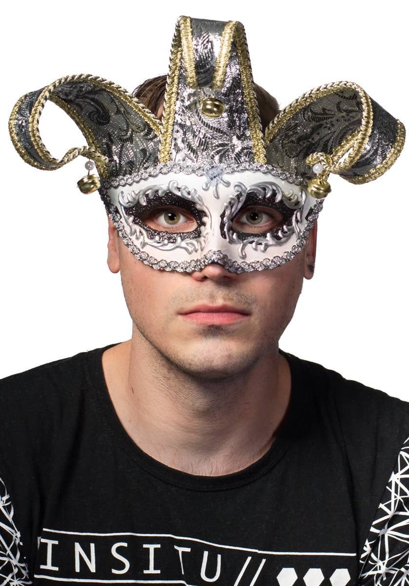 Venetian Jester Silver and White Masquerade Mask V1191-E-HT-07239