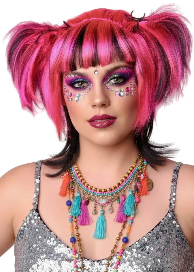 Messy Pigtails Pink and Black Womens Halloween Wig V1191-E-LS-05115