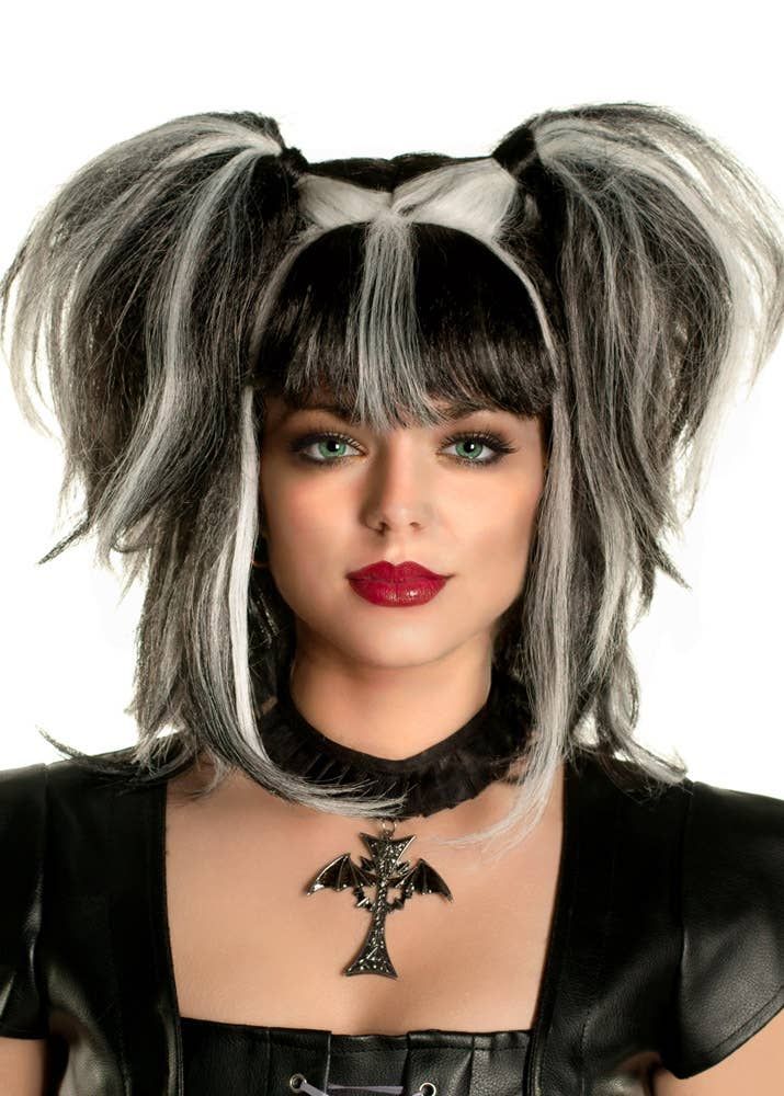 Messy Pigtails Black and White Womens Halloween Wig V1191-E-LS-05144