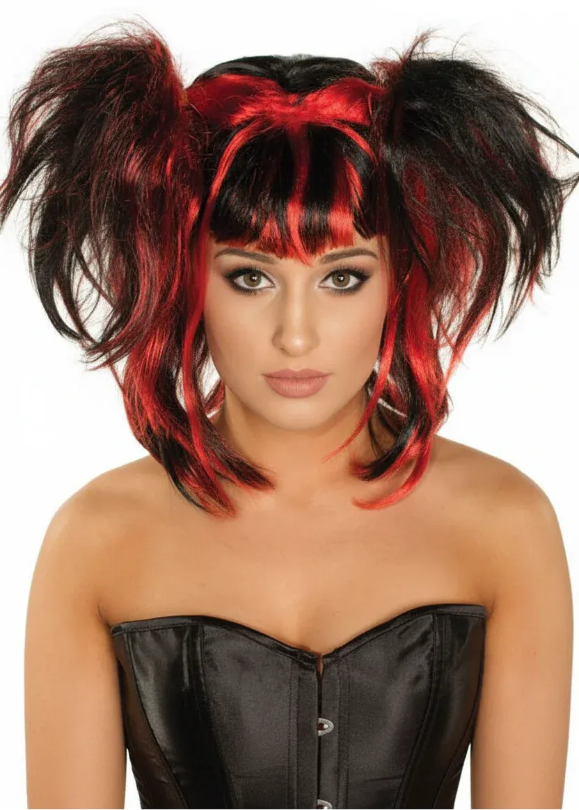 Messy Black and Red Pigtails Womens Halloween Wig V1191-E-LS-05145