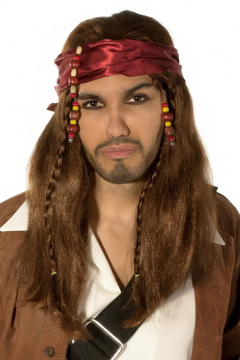 Caribbean Pirate Mens Long Brown Wig and Head Scarf V1191-E-LS-05168