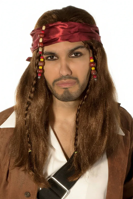 Caribbean Pirate Mens Long Brown Wig and Head Scarf V1191-E-LS-05168