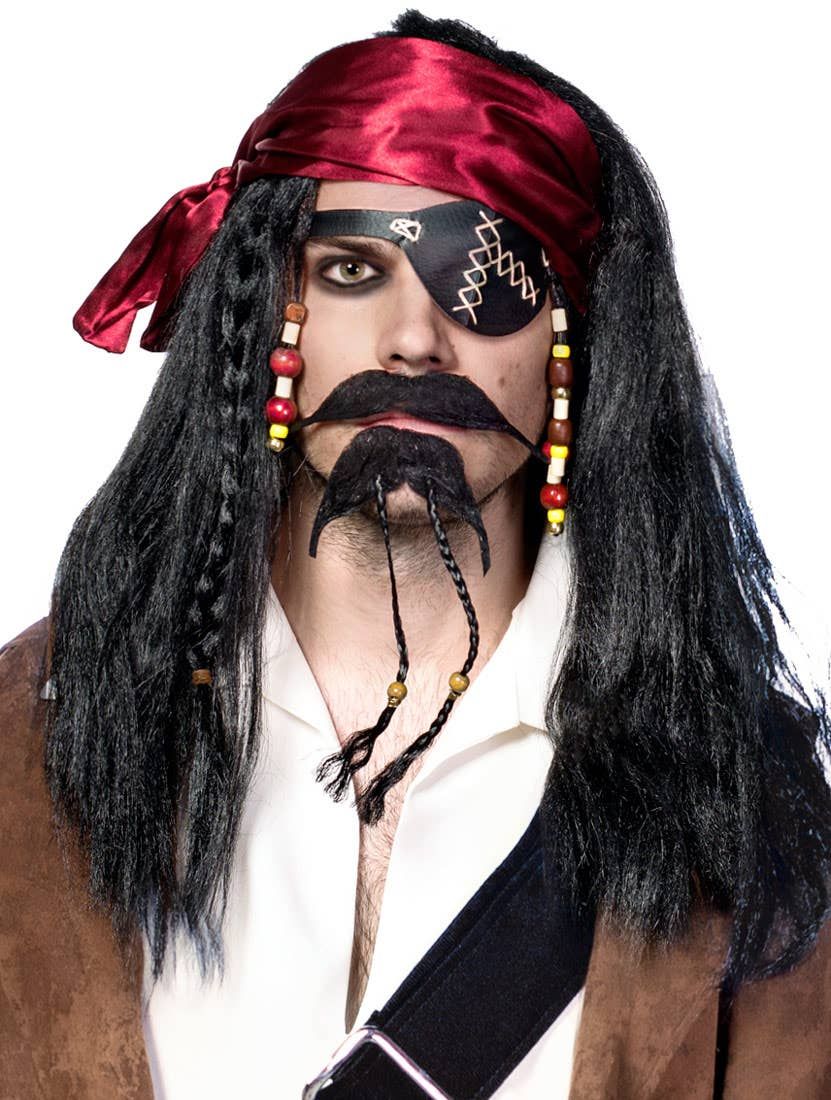 Caribbean Pirate Mens Long Black Wig and Head Scarf V1191-E-LS-05169