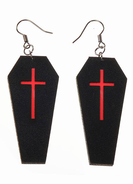 Black Leather Coffins with Red Cross Halloween Earrings V1191-E-YB-04093
