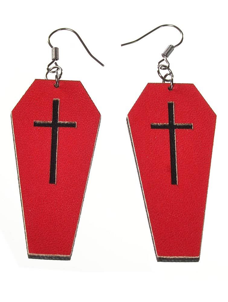 Red Leather Coffins with Black Cross Halloween Earrings V1191-E-YB-04095