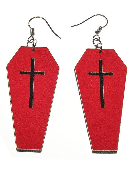 Red Leather Coffins with Black Cross Halloween Earrings V1191-E-YB-04095