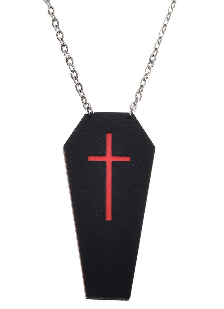 Black Leather Coffin with Red Cross Halloween Necklace V1191-E-YB-04096