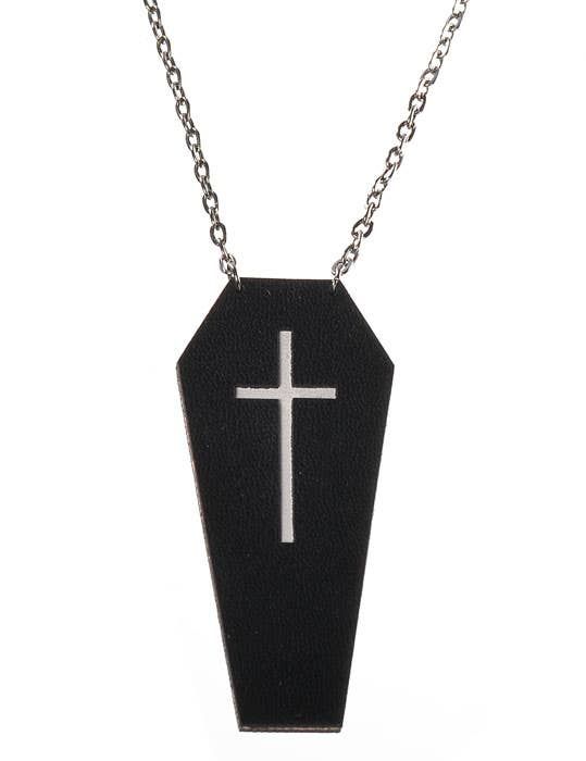 Black Leather Coffin with White Cross Halloween Necklace V1191-E-YB-04097