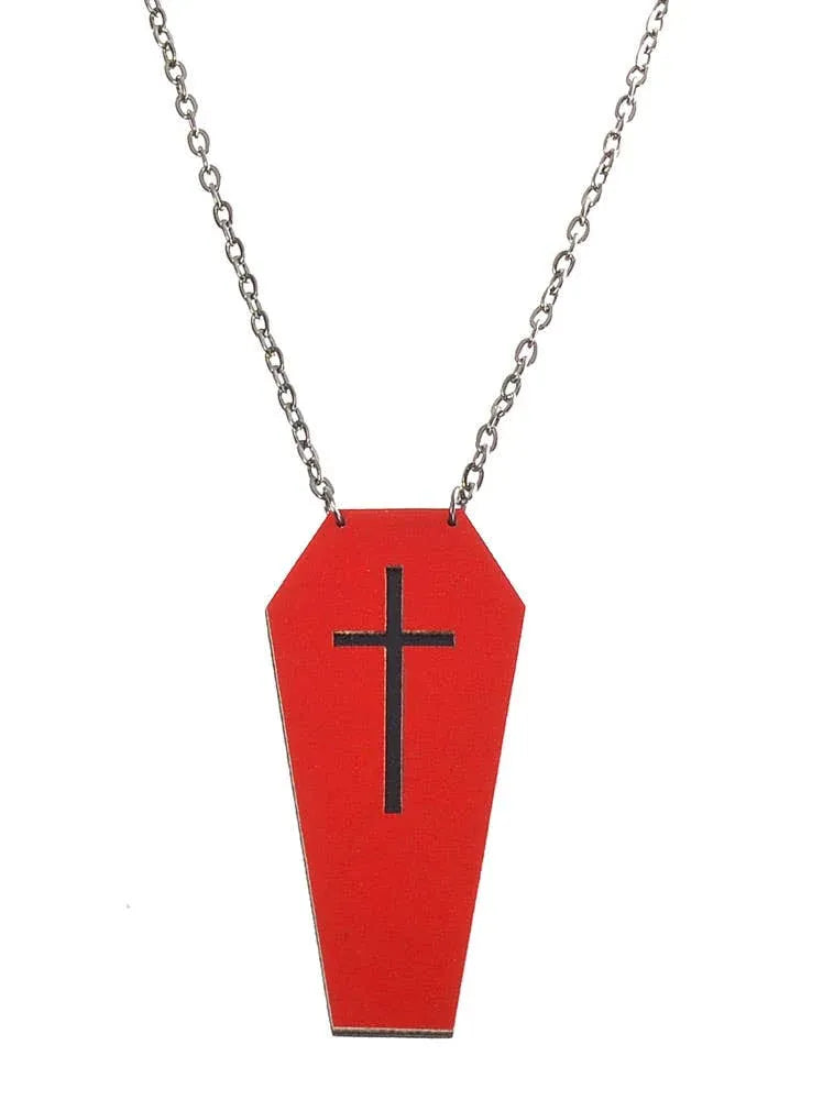 Red Leather Coffin with Black Cross Halloween Necklace V1191-E-YB-04098