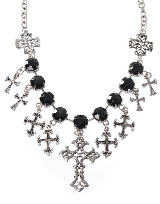 Gothic Crosses Black Jeweled Costume Necklace V1191-E-YB-04113