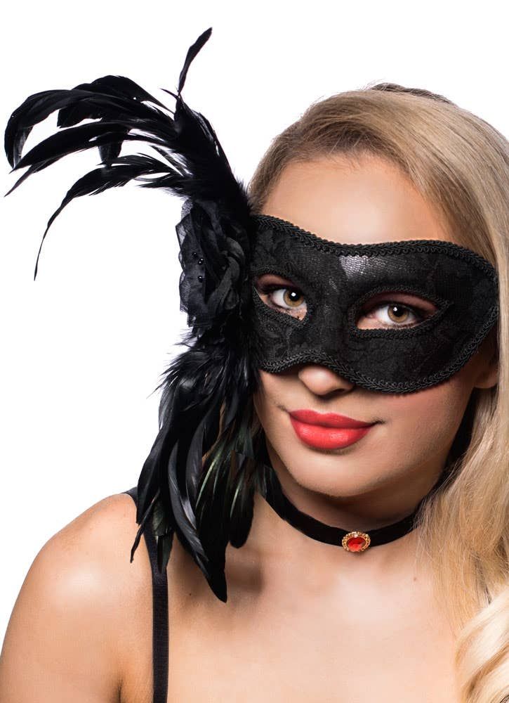 Extravagant Side Feather Black Lace Masquerade Mask V1191-E-YE-07218