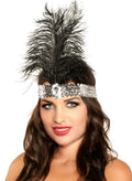 1920s Silver Sequin Flapper Headband with Black Feather V1191-E-YF-04059