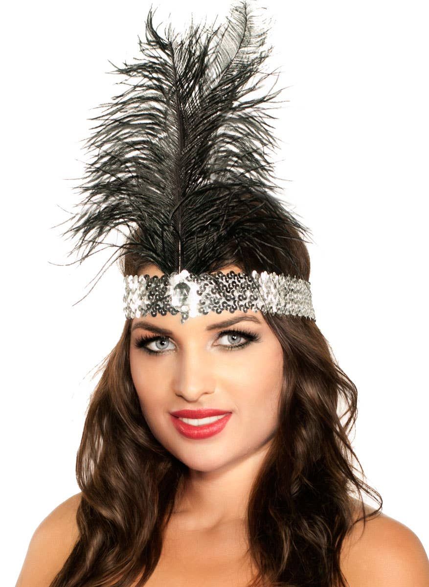 1920s Silver Sequin Flapper Headband with Black Feather V1191-E-YF-04059