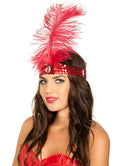 1920s Red Sequin Flapper Headband with Red Feather V1191-E-YF-04062