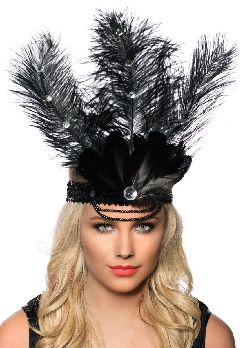 Tall Black Feather Showgirl Headpiece with Black Sequins V1191-E-YF-04128
