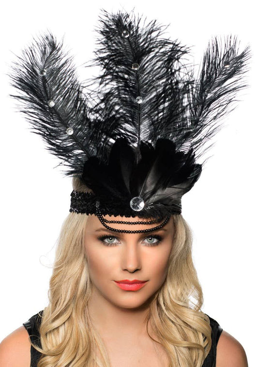 Tall Black Feather Showgirl Headpiece with Black Sequins V1191-E-YF-04128