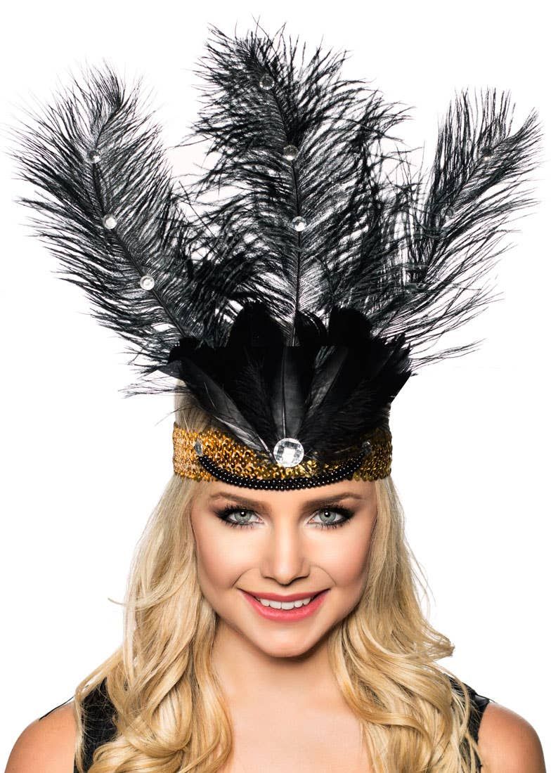 Tall Black Feather Showgirl Headpiece with Gold Sequins V1191-E-YF-04129
