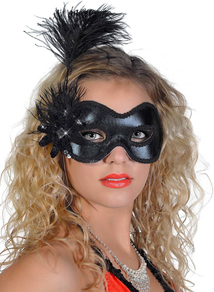 Side Feather Black Vinyl Masquerade Mask V1191-E-YF-07132