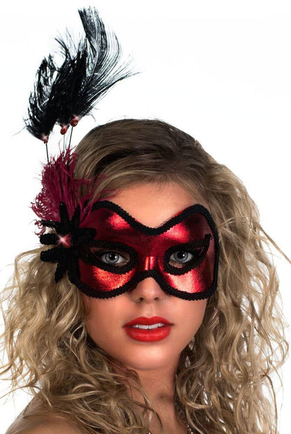 Side Feather Red Vinyl Masquerade Mask V1191-E-YF-07133RE-BK