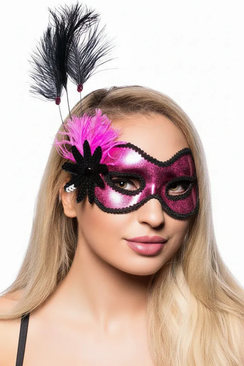 Side Feather Pink Vinyl Masquerade Mask V1191-E-YF-07134PNK
