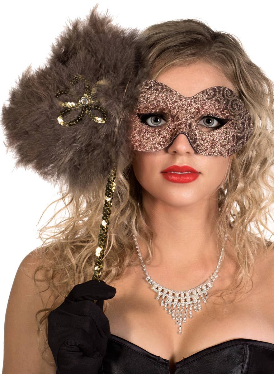 Glitter Swirls Coffee and Caramel Hand Held Masquerade Mask V1191-E-YF-07137