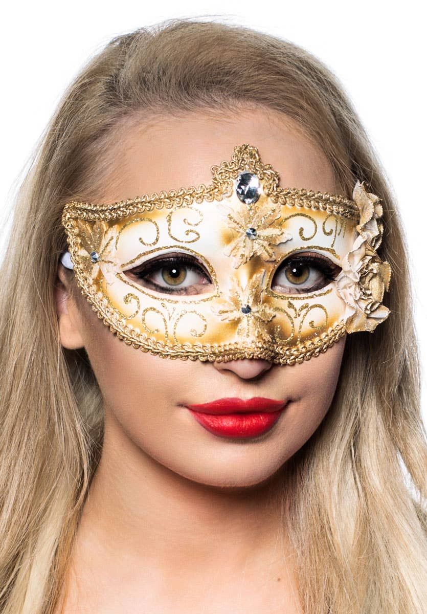 Edwardian White and Gold Adults Masquerade Mask V1191-E-ZJ-07118