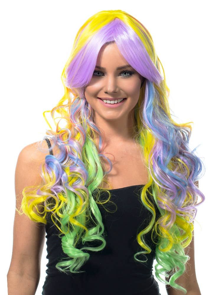 Deluxe Pastel Rainbow Long Curly Womens Costume Wig V1191-E-ZL-05223