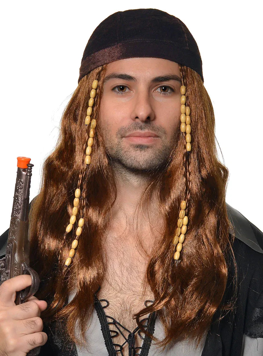 Long Brown Mens Pirate Costume Wig with Bandana V1191-HC-E-LS-05031-P