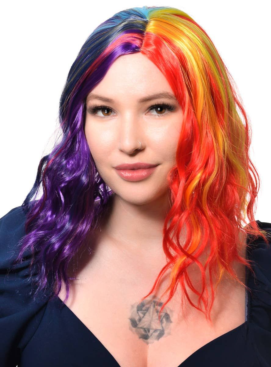 Bright Rainbow Womens Wavy Mid Length Costume Wig V1191-HC-MQ-05473