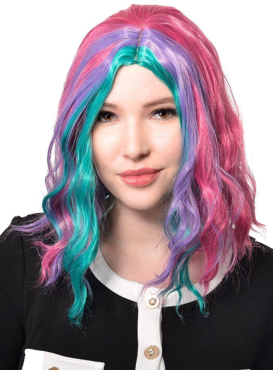 Mid Length Wavy Pink Purple and Teal Womens Costume Wig V1191-HC-MQ-05474