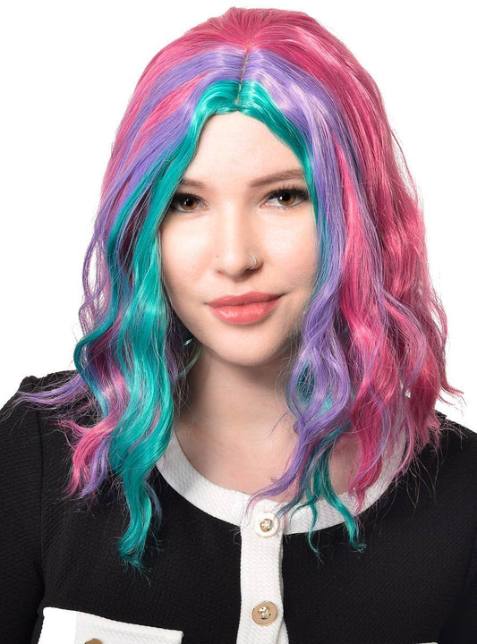 Mid Length Wavy Pink Purple and Teal Womens Costume Wig V1191-HC-MQ-05474