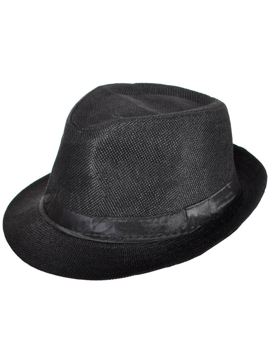 Woven Black Canvas 20s Gangster Fedora Costume Hat V1191-HC-ZT-04093