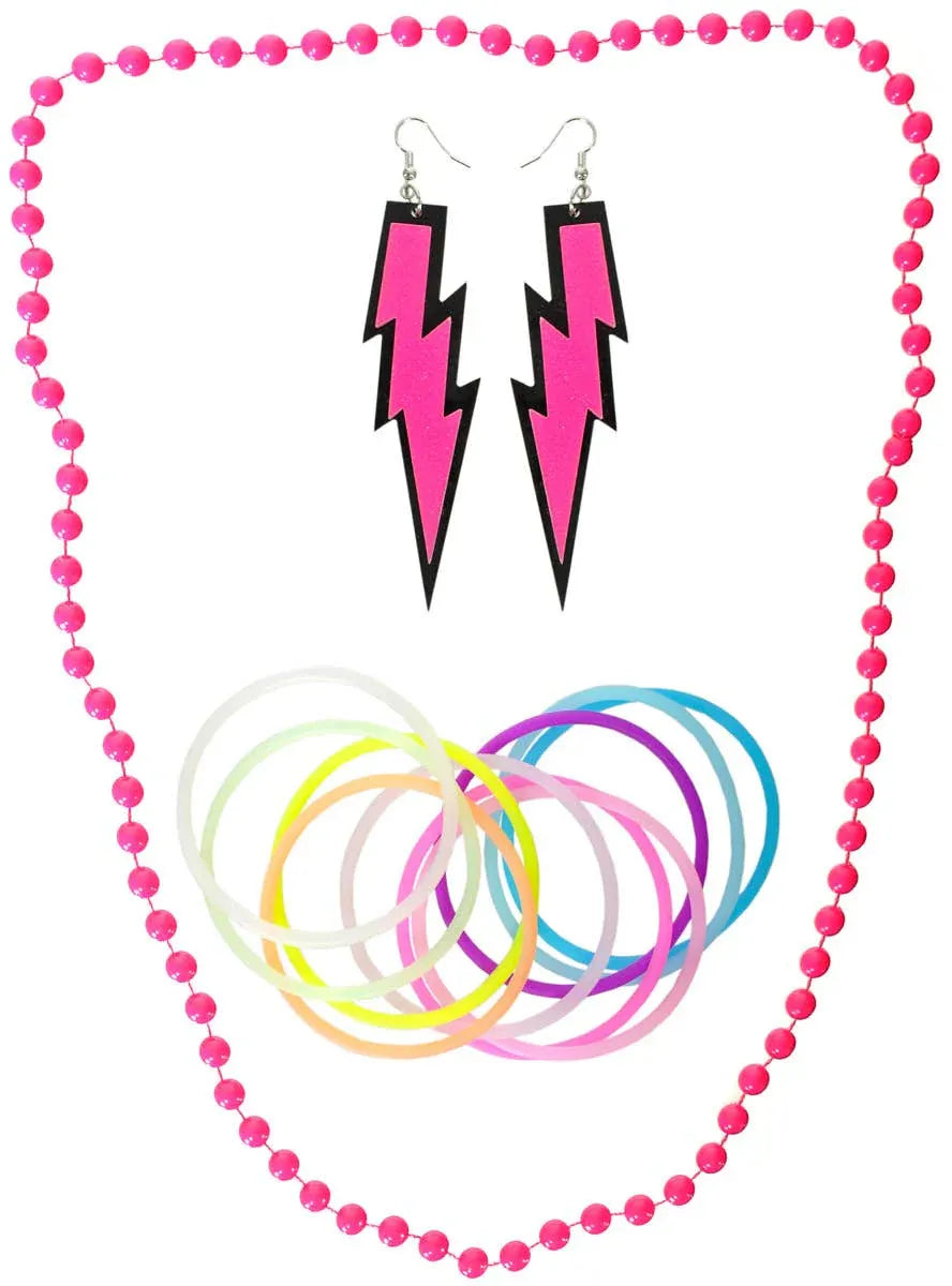 Neon Pink 3 Piece 1980s Costume Accessory Set V1191-HC-ZT-04099
