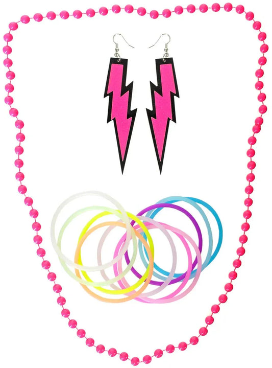 Neon Pink 3 Piece 1980s Costume Accessory Set V1191-HC-ZT-04099