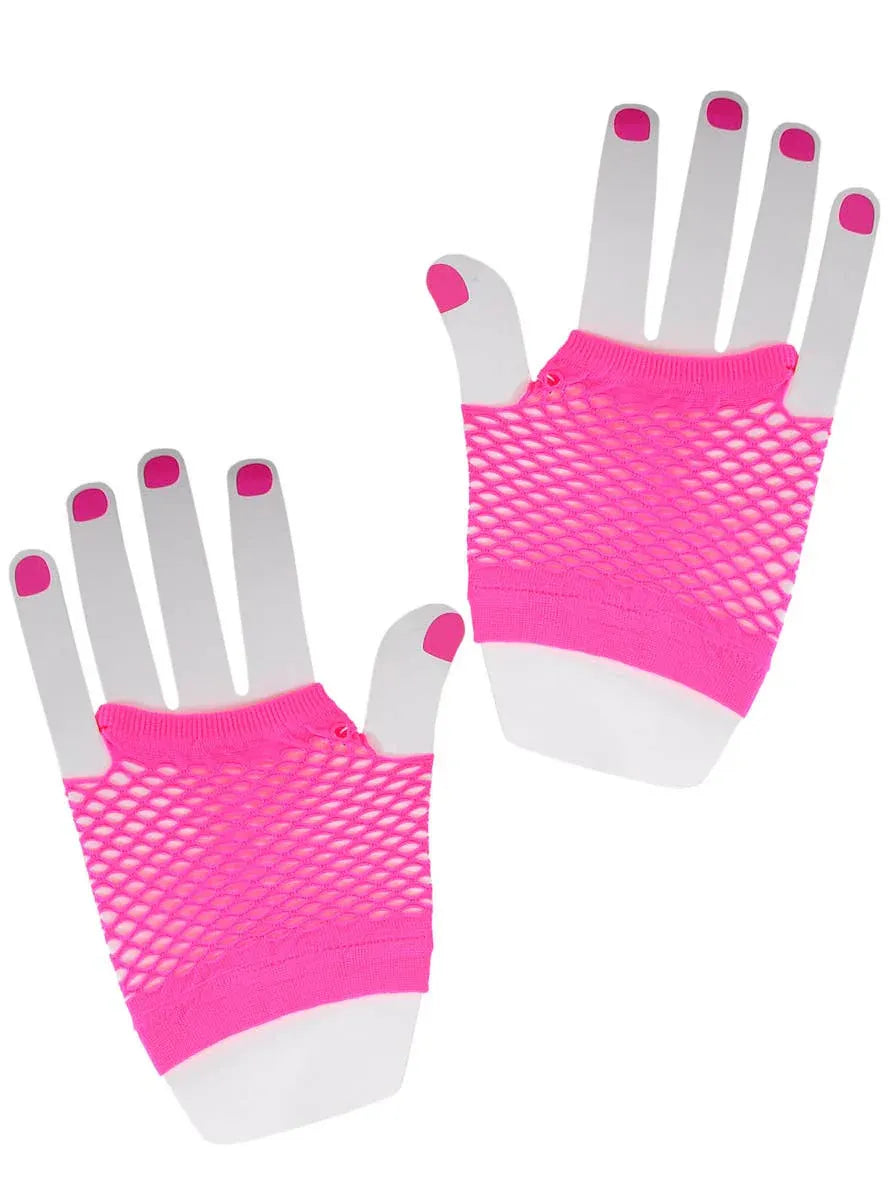 Short Neon Pink 1980s Fishnet Costume Gloves V1191-HC-ZT-04100