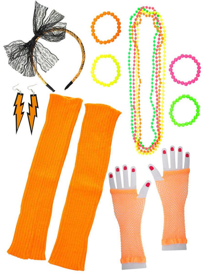 Neon Orange 12 Piece 1980s Costume Accessory Set V1191-HC-ZT-04107